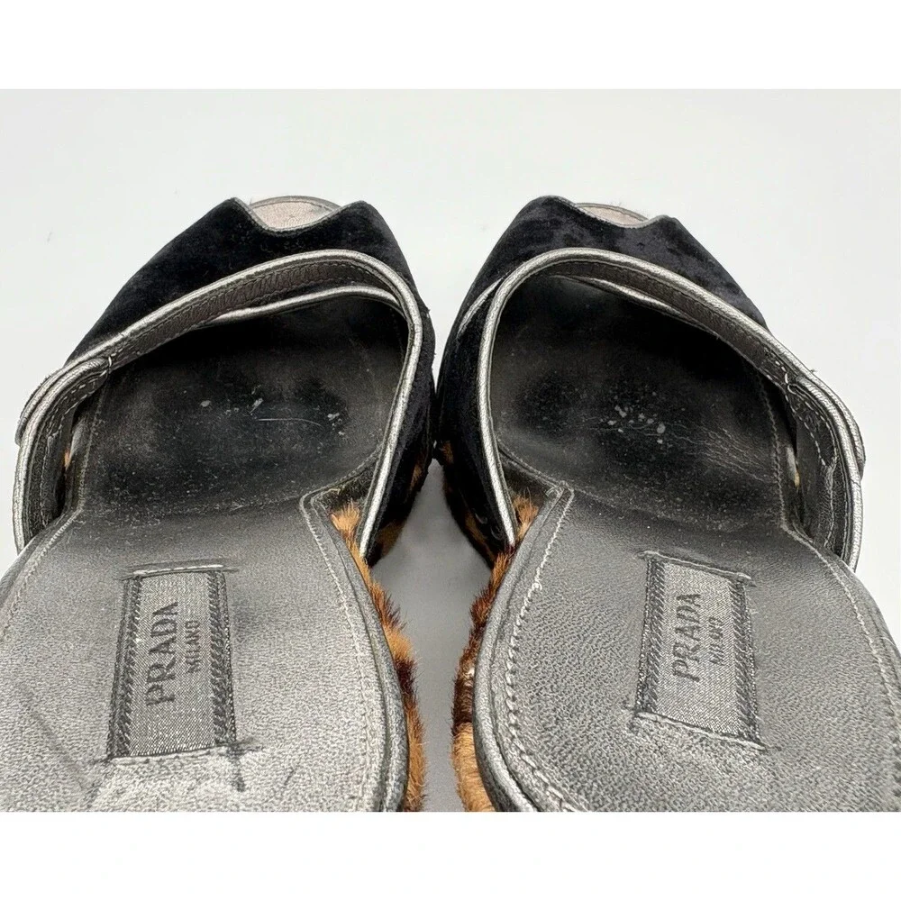 Prada Leopard Print Calf Hair Wedges Black Cut-Out & Stud Details Y2K Sz EU 36.5